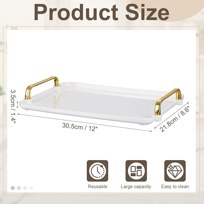 uxcell Plastic Serving Tray with Golden Handle, 12 x 8.6 Modern Rectangular Decorative Tray Acrylic Reusable Tea Platter for Countertop Bathroom Kitchen Home Restaurant, White