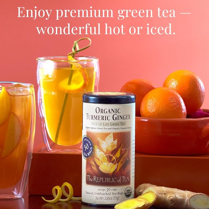 The Republic of Tea - Organic Turmeric Ginger Green Tea Tin, 50 Tea Bags, Naturally Caffeinated