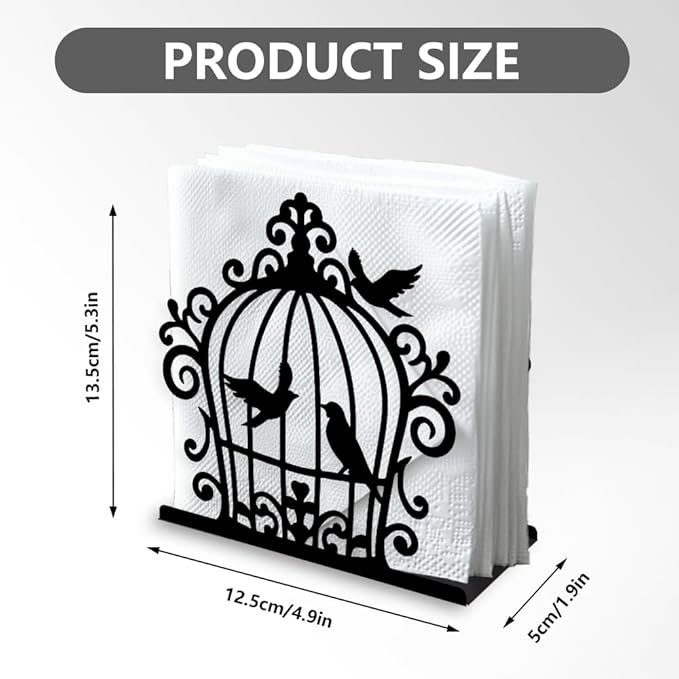 Birdcage and Bird Decorative Black Metal Napkin Holder for Table, 4.9" x 5.3" x 1.9" Birdcage and Bird Standing Napkin Holder for Home Kitchen Restaurant Picnic Party Coffee Bar Room