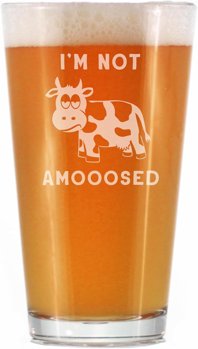 Not Amooosed - 16 oz Pint Glass for Beer - Funny Cow Gifts for Men & Women - Fun Cow Themed Decor