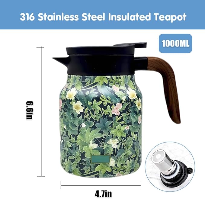 Vintage Floral Pattern Tea Pots – Built-in Infuser,Vintage Floral Teapot with Built In Infuser Stainless Steel Thermal Carafe with Lid for Hot Drinks,Brown(Wooden handle,35oz)