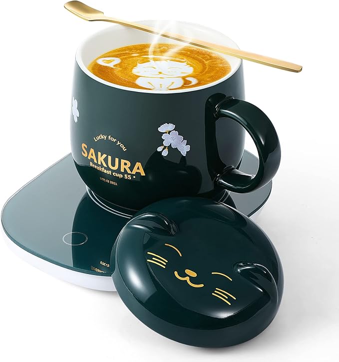 Honeydak Coffee Mug Warmer Cute Cat Mug Set Cup Warmer for Desk for Women Heated Coffee Warmer for Mom Home Office Christmas Birthday Gifts(Green)