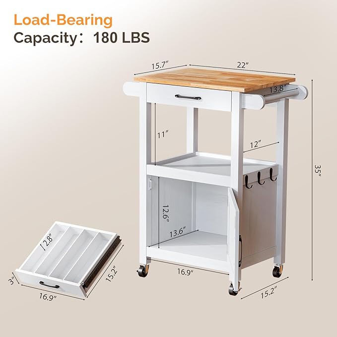 VINGLI Microwave Cart with Drawer and Storage Cabinet, Small Kitchen Island on Wheels, Coffee Station Microwave Stand with Hooks & Shelves, Compact Kitchen Storage Cart, White