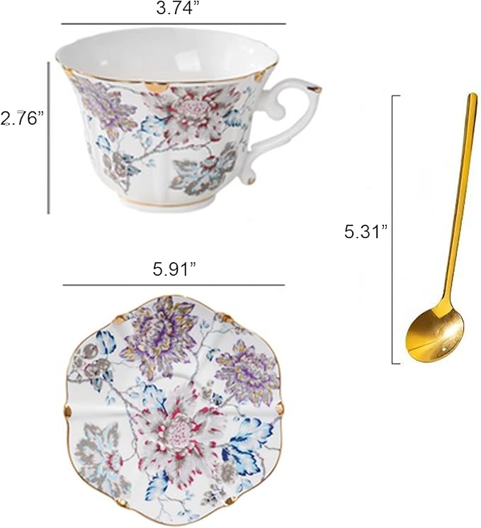Floral Ceramic Cup Bone China Tea Cup and Saucer Set 6.8 Oz Gold Trim Vintage Style Porcelain Coffee Cup for Home Kitchen Office, Style 2