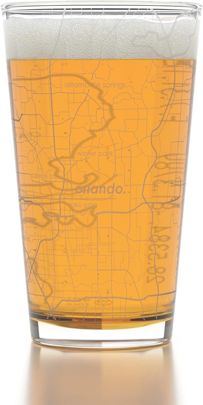 Well Told Engraved Orlando Florida Map Pint Glass, Etched Beer Gift (16 oz, Clear) City Map Pint, Custom City Glassware, Gifts For Beer Lovers
