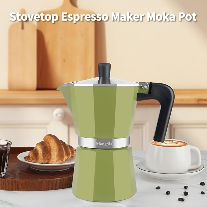 Mongdio Stovetop Espresso Maker Moka Pot, Stove Top Cuban Coffee Maker, Italian Greca Mocha Pot, 6 Espresso Cups, 10 oz - Green