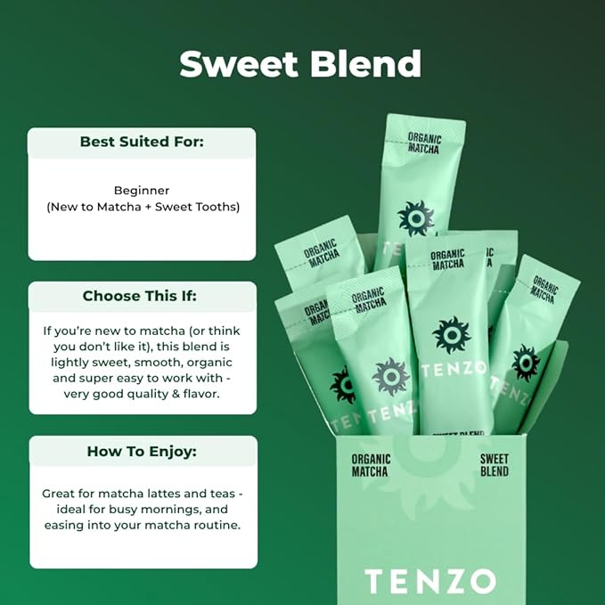 Tenzo Single Serve Matcha Green Tea Powder - Matcha Powder Single Serve Sticks - Organic Matcha Green - Ceremonial Grade Sweet Blend Matcha (10 Count)