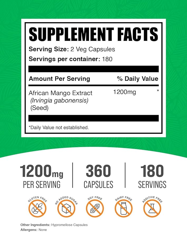 BulkSupplements.com African Mango Extract Capsules - Irvingia Gabonensis, Herbal Supplement - Vegan & Gluten Free, 2 Capsules per Serving (1200mg), 360 Count (Pack of 1)