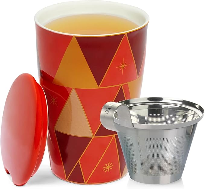 Tea Forte Double-Walled Ceramic Kati Cup, Removable Stainless Steel Infuser Basket and Lid, Steeps 12 oz Loose Leaf Tea, Dishwasher & Microwave Safe, Warming Joy