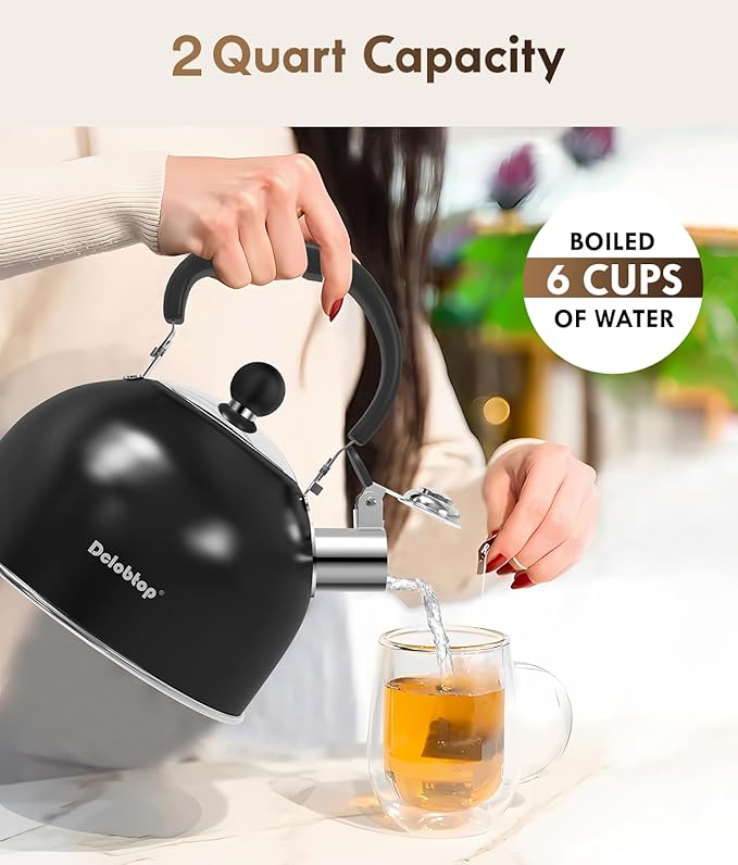 Premium Stainless Steel Tea Kettle for Stove Top - 2 Quart Classic Stovetop Teapot, Loud Whistle Kettle with Ergonomic Handle - Ideal for Hot Water & Tea,Coffee & Kitchen Decor(black)