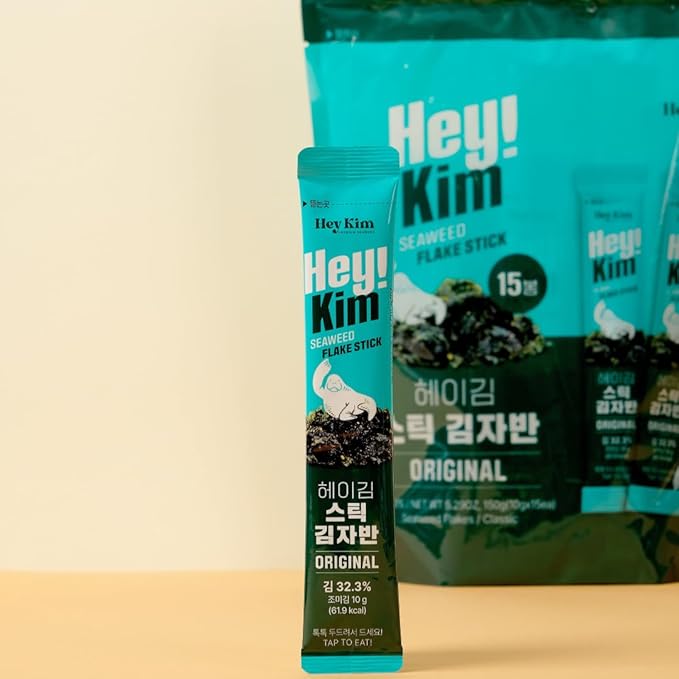 Heykim Seaweed Flakes Furikake toasted with Sesame individual stick pack x 15 sticks(10g), Easy Cut, Healthy snack, Easy to Carry, Original Sea Salted seasoned seaweed laver