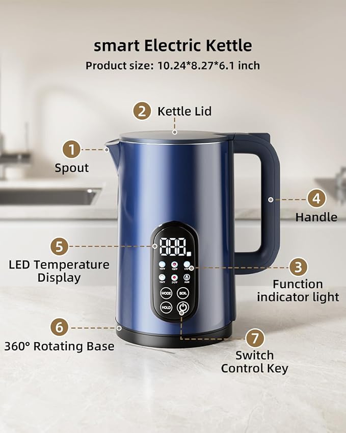 Tisania Electric Kettle with Temperature Control, Cordless Kettle 1.7L for Milk, Tea & Coffee, 5 Presets 2H Keep Warm, 304 Stainless Steel BPA-Free,Blue