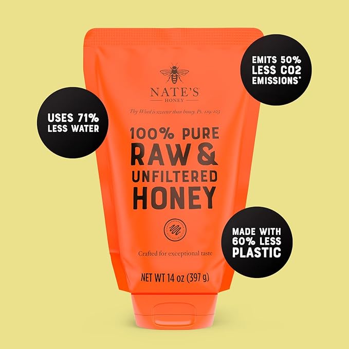 Nature Nate's 100% Guarantee Pure Raw & Unfiltered Honey, No-Drip Sustainable Squeeze Pouch, 14 Oz (Pack of 2)
