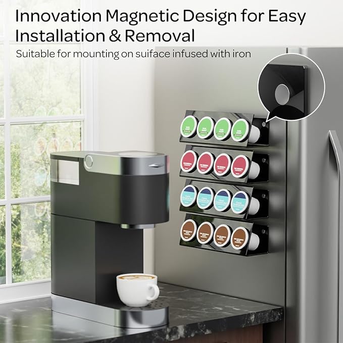 K Cup Holders, Acrylic Coffee Pods Organizer Stand Magnetic & Self-Adhesive for Kitchen Wall, Cabinet, Fridge (4 Pack for 16 Pods)