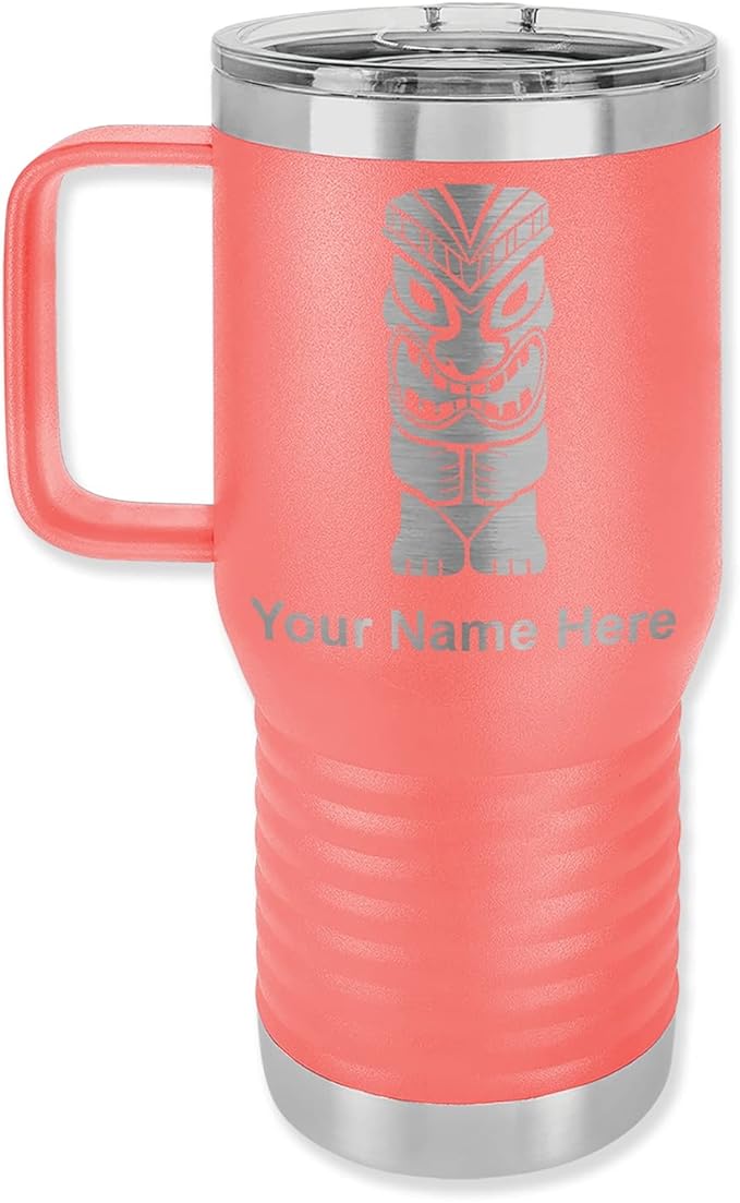 LaserGram 20oz Vacuum Insulated Travel Mug with Handle, Tiki Statue, Personalized Engraving Included (Coral)
