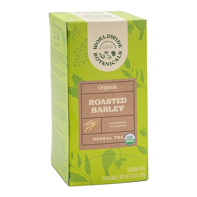 Worldwide Botanicals Organic Roasted Barley Tea, 25 Tea Bags - 3x more herbs with 6g per teabag - AKA Mugicha, Boricha, Damaicha, Orzo - Caffeine-Free, Kosher