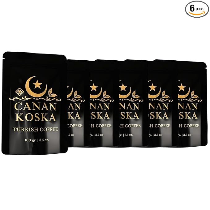 Canan Koska Turkish Coffee Medium Roast Ground Coffee 100% Arabica, Finely Ground for Rich Flavor and Smooth Texture, Ideal for Traditional Brewing in a Cezve - 3.5 Ounce (100g) - Pack Of 6