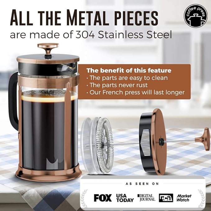EzDtach French Press Coffee Maker 34oz Copper – Borosilicate Glass Pot with 304 Grade Stainless Steel French Press, Double Filter and 2 Extra Screens for Rich, Full-Bodied Flavor at Home or Office