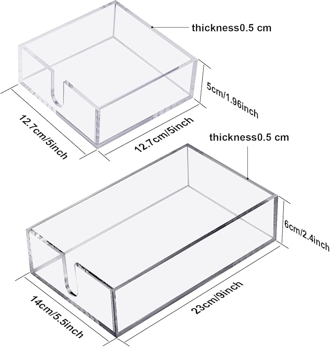Acrylic Cocktail Napkin Holder for Table, Clear Beverage Napkin Holder Square Rectangle for Dinner, Kitchen, Bathroom, Restaurant, Bar (2 Pieces, 5 x 5 Inch, 9 x 5.5 Inch)