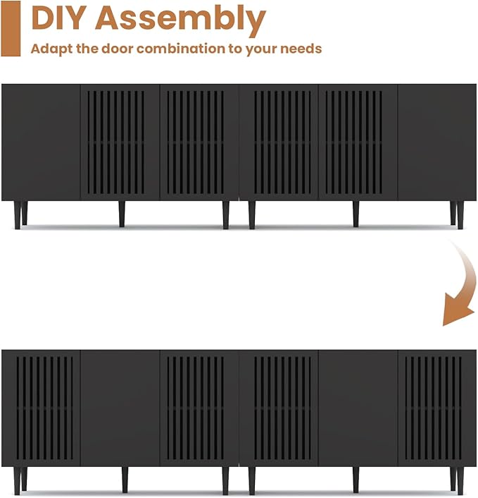 CHUWELL Modern Storage Cabinet, 47.2" Buffet Cabinet with 3 DIY Doors and Adjustable Shelf, Sideboard Coffee Bar with Solid Wood Feet for Kitchen,Dining Room,Living Room,Black