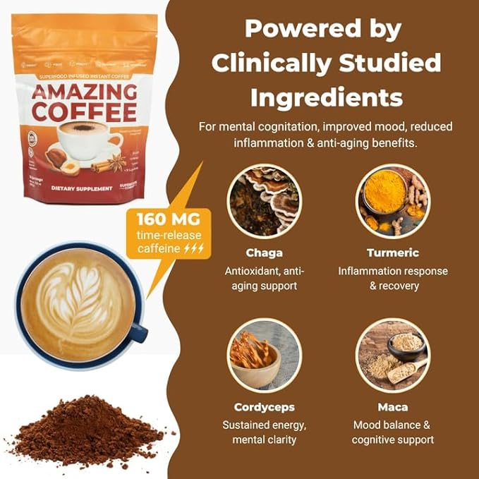 Superfoods Company | Amazing Coffee - Instant French Roast | Adaptogenic Mushrooms, Superfoods - Energy, Focus, Digestion, Immunity - 30 Servings - Hazelnut Flavor