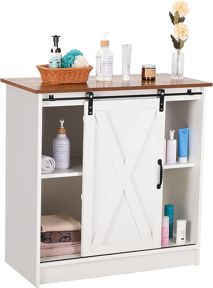 White Coffee Bar Cabinet with Storage, Farmhouse Coffee Bar Cabinet, Coffee Bar Table with Sliding Barn Door, Coffee Bar & Adjustable Shelves, for Kitchen, Dining Room, Living Room
