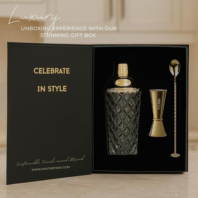 Glass Cocktail Shaker Set - 5 Piece - Gold Martini Shaker Set with Strainer, Jigger, Spoon & Muddler - 16 oz Drink Shakers Cocktail - Ideal Gift for Home Bar & Drink Trolley Décor