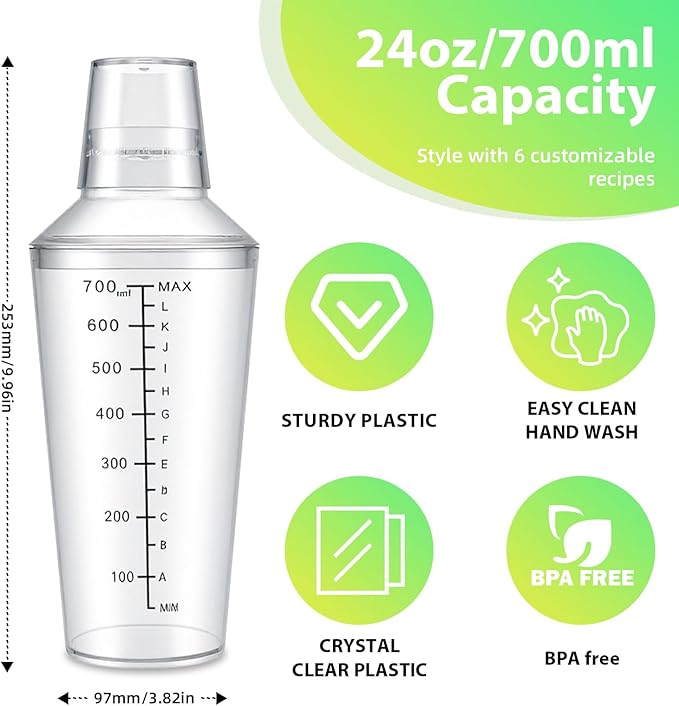 Plastic Boston Cocktail Shaker Set, 12 Pack 24oz Shatterproof Bartender Kit with Built-in Strainer Lids, Travel Bar Tools for Beginners, Mixing Martinis, Margaritas (700ML-A, 12 pack)