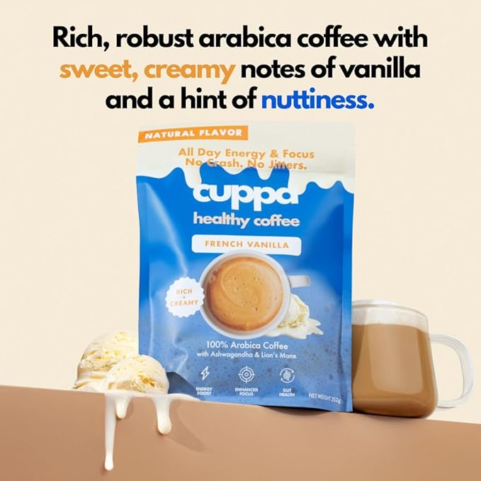 Cuppa French VanillaHealthy Mushroom Instant Coffee with Lion's Mane & Ashwagandha for All Day Energy & Focus - No Crash or Jitters - Nootropics for Brain Health, Gut Health, Immunity, Stress, Memory + Mood - 60 Servings