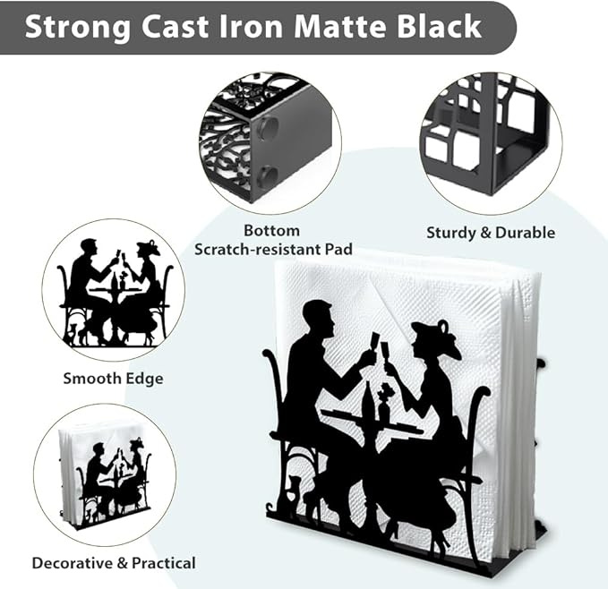 A Couple Dining Decorative Black Metal Napkin Holder for Table, 5.3" x 4.9" x 1.9" Silhouette of Couple Standing Napkin Holder for Home Kitchen Restaurant Picnic Party Coffee Bar Dining Room