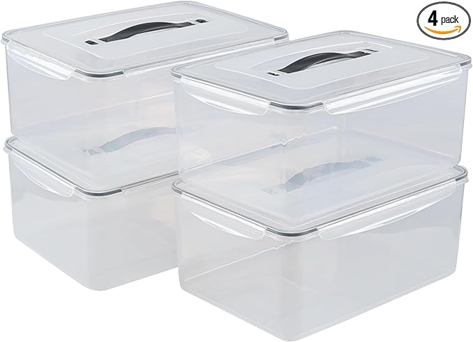 15 L Airtight Rectangular Food Storage Container with Top Handle, Set of 4 Plastic Clear Food Storage Container with Latch Clip