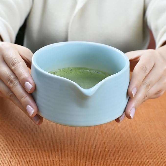 Artcome Matcha Tool Set - Complete Kit with Matcha Bowl with Spout, Bamboo Whisk, Tea Scoop & Whisk Holder, Celadon Blue