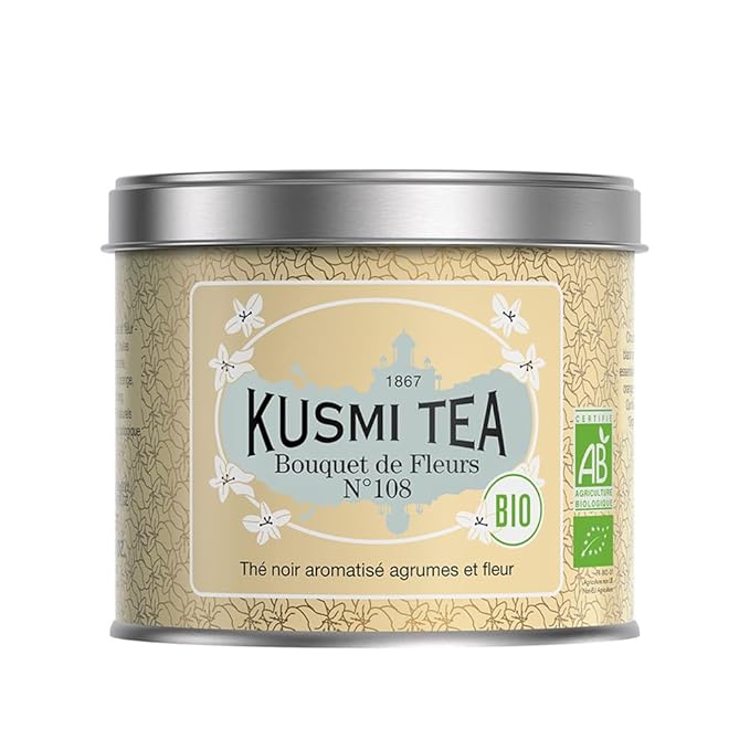 Kusmi Tea - Bouquet of Flowers No.108 - Organic Earl Grey Black Tea with Bergamot & Ylang Ylang - Flavored with Citrus - Robust, Caffeinated Tea - Loose Leaf Tea - Tin Box of 3.5 oz