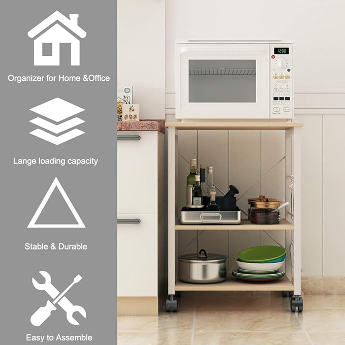 DlandHome Standing Baker's Racks Appliance Table Small Rolling Kitchen Cart Microwave Cart Stand, 3-Tier Kitchen Baker's Rack Utility Cart Microwave Stand Kitchen Shelf, W4-Maple