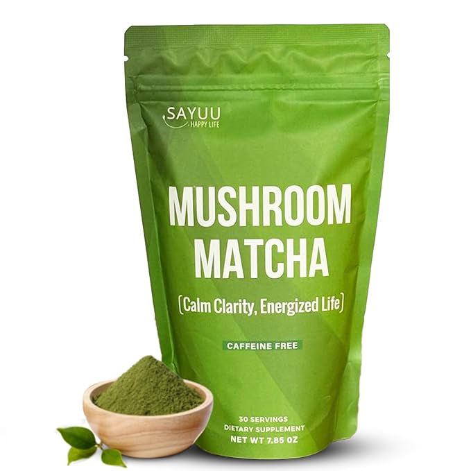 SAYUU Mushroom Matcha Coffee Powder – Instant coffee Blend with Functional Mushrooms for Calm Focus, Stamina, and Immune Support - 30 Servings