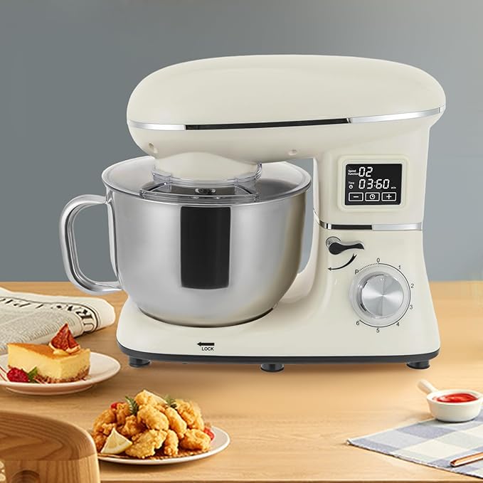 6.5Qt Stand Mixer, 1350W Electric Household Stand Kitchen Mixer With Lcd Timer Display, 6-Speed Dough Maker With Whisk Beater & Hook, For Baking Bread Cake Cream, Compact For Small Kitchen (white)