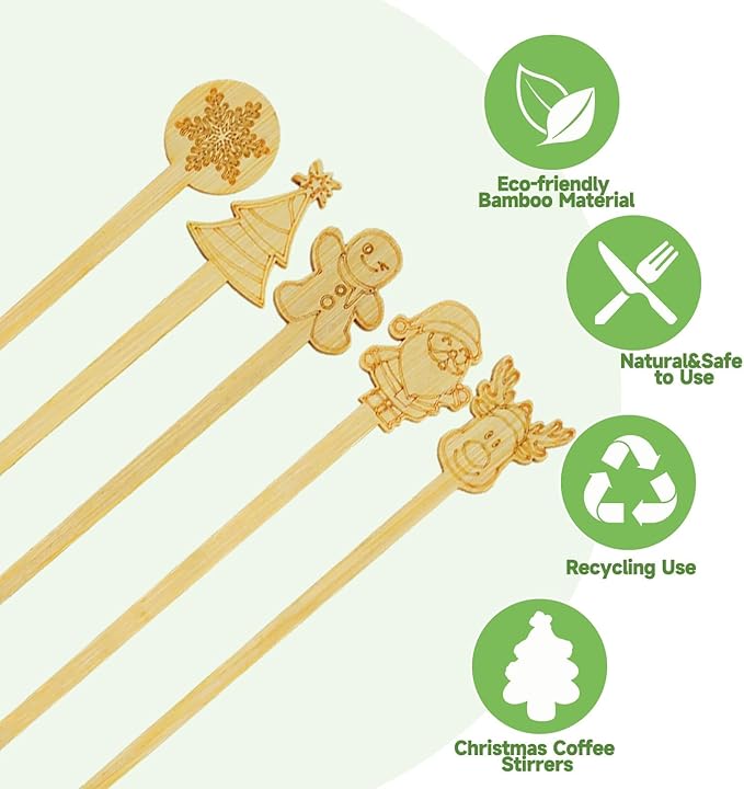 50PCS Bamboo Coffee Stirrers, 7inch Christmas Biodegradable Disposable Stir Sticks Coffee Drink Cocktail Stirrers for Christmas Winter Office Home Coffee Milk Hot Chocolate Bar Supplies