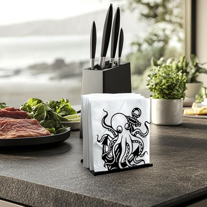 Octopus Decorative Black Metal Napkin Holder for Table, 5.3" x 4.9" x 1.9" Animal Ocean Theme Standing Napkin Holder for Home Kitchen Restaurant Picnic Party Coffee Bar Dining Room