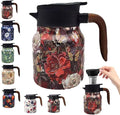 Vintage Floral Pattern Tea Pots – Built-in Infuser,Vintage Floral Teapot with Built In Infuser Stainless Steel Thermal Carafe with Lid for Hot Drinks,Red(Wooden handle,35oz)