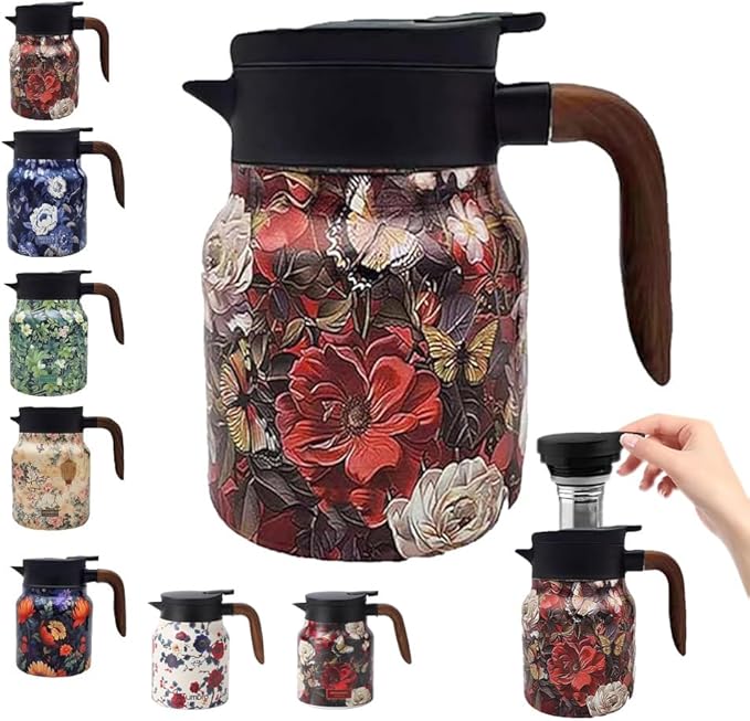 Vintage Floral Pattern Tea Pots – Built-in Infuser,Vintage Floral Teapot with Built In Infuser Stainless Steel Thermal Carafe with Lid for Hot Drinks,Red(Wooden handle,35oz)