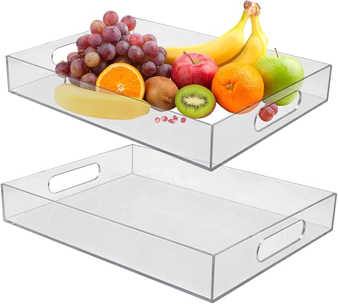 2 Pcs Clear Acrylic Serving Tray, 16" x 12",15.2" x 11.2" Plastic Tray with Handles Clear Decorative Lucite Tray for Food, Tea, Snacks, Kitchen, Fruit