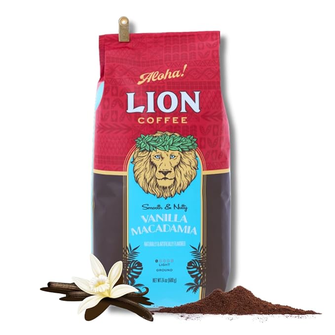 Lion Coffee Vanilla Macadamia Flavored Ground Coffee, Light Roast, Hawaiian Inspired Taste - 24 Ounce Bag
