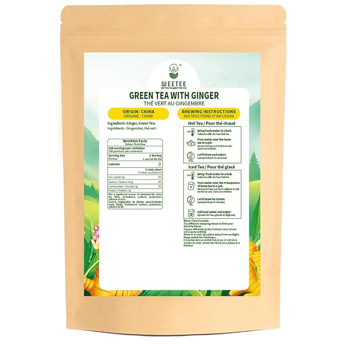 WT WEETEE Green Tea with Ginger, 100 Count Real Ginger & Premium Green Tea Bags | Warm & Strong, No Flavorings | Digestive Comfort & Light Energy