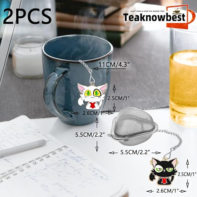 Cute cat Tea infuser, 2pcs loose tea strainer, Heart shaped tea ball + animal pendant, reusable tea steeper makes afternoon tea meaningful (Big eyed Cat, 2PCS)