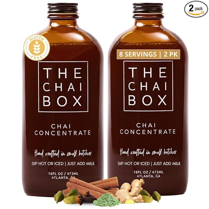 The Chai Box Sweetened Chai Tea Concentrate - Vegan, Gluten Free Chai Concentrate | 16 Ounce (Pack of 2) | Hot or Iced Black Tea Concentrate, Small Batch with Whole, Premium Spices
