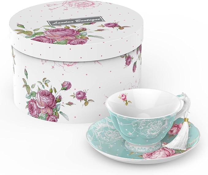 London Boutique Tea Cup and Saucer Set 1 Afternoon Tea Set New Bone China Vintage Flora Gift Box 200m (Turquoise)