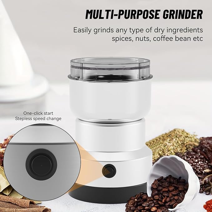 One-Touch Coffee Grinder and Multi-Purpose Grinder with Extended Power Cord & 4 Sharp Blades, for Convenient Grinding of Coffee, Spices, and Seeds Anywhere
