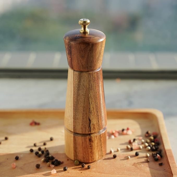 Pepper Grinder, Pepper Mill with Adjustable Stainless Steel, Acacia Wood, 16.5 cm Height, Bottom Dia: 5 cm, Upper Dia: 4.5 cm (Tray is NOT Included)