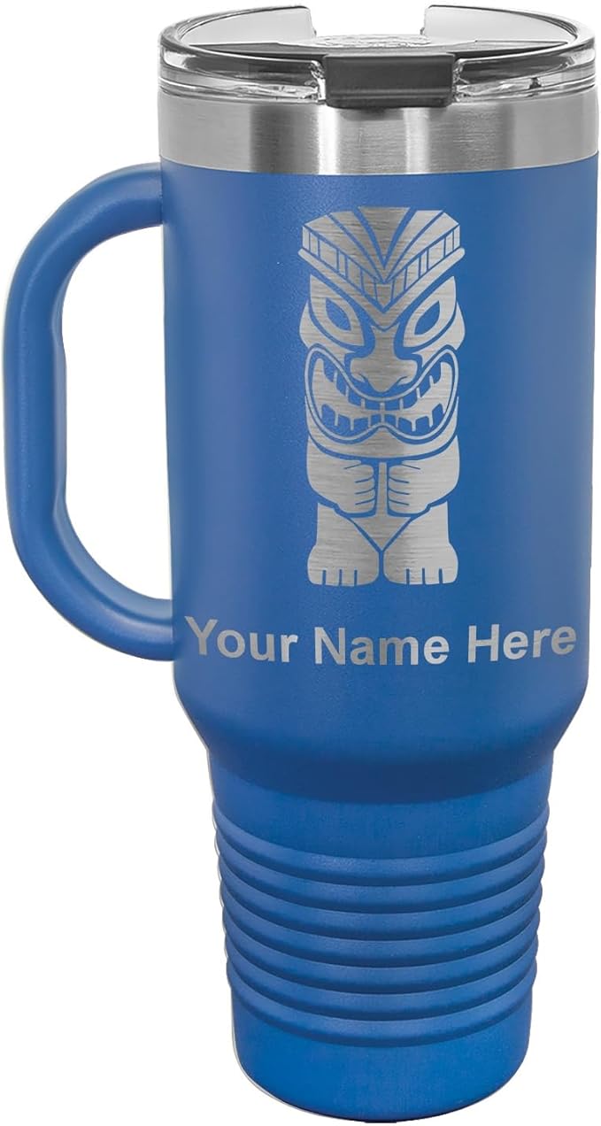 LaserGram 40oz Vacuum Insulated Travel Mug with Handle, Tiki Statue, Personalized Engraving Included (Dark Blue)