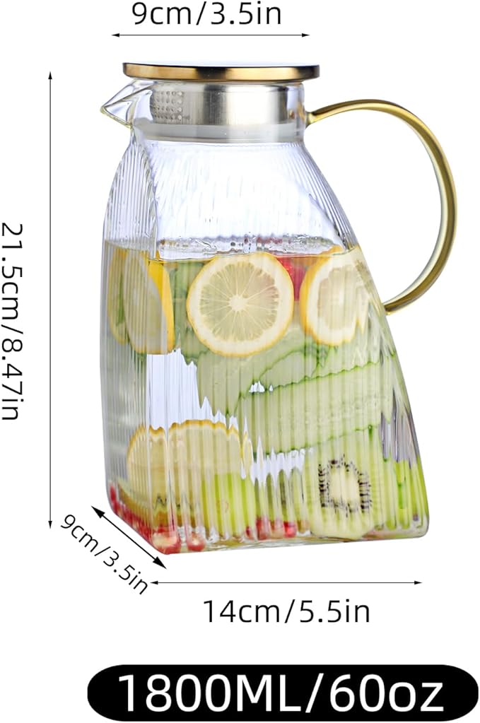 Glass Pitcher with Lid 1.8L, Borosilicate Glass Water Jug for Refrigerator Door, Hot & Cold Beverages, Leak-Proof Stainless Steel Lid with 2 Filter Holes for Iced Tea, Juice, Coffee, Milk